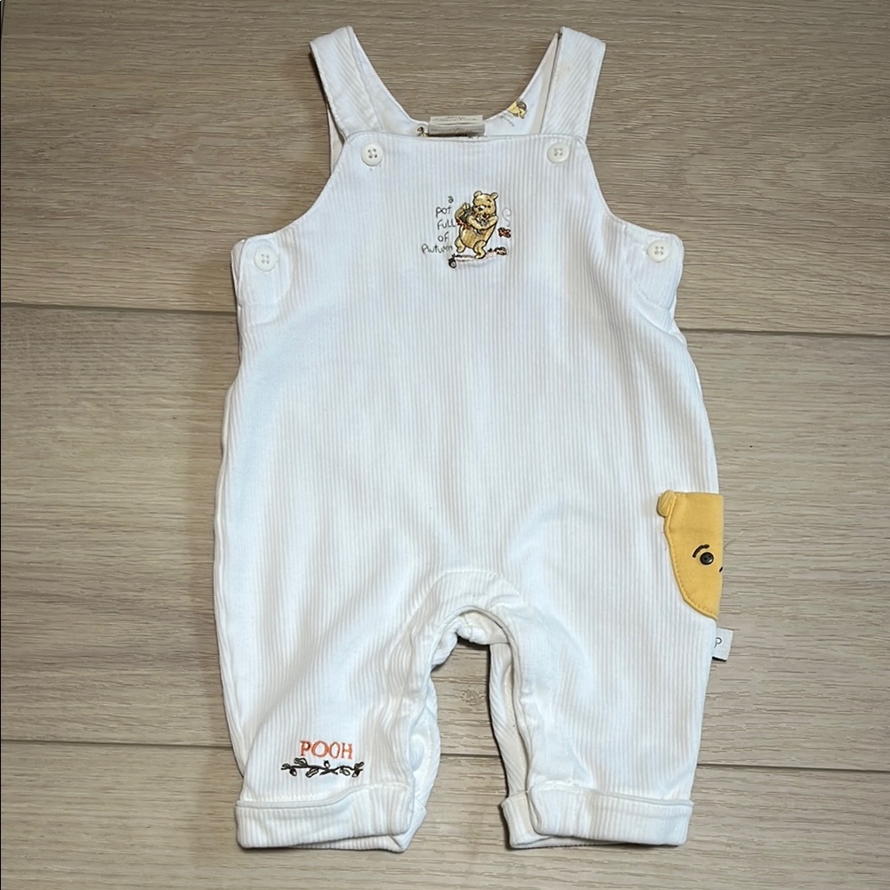 Classic Pooh White ribbed jumpsuit romper overalls Embroidered Winnie The Pooh